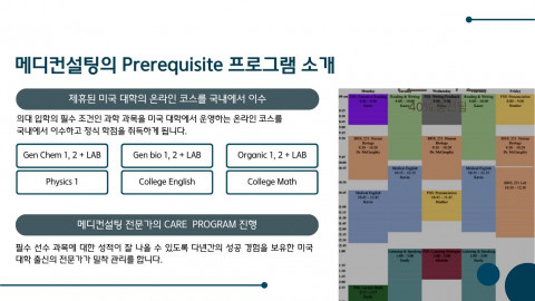 메디컨설팅의 Prerequisite 프로그램 소개. 의대 입학의 필수 조건인 과학 과목을 미국 대학에서 운영하는 온라인 코스로 국내에서 이수하고 정식 학점을 취득하게 된다. 필수 선수 과목에 대한 성적이 잘 나올 수 있도록 다년간의 성공 경험을 보유한 미국 대학 출신의 전문가가 밀착 관리한다. 이미지/메디컨설팅 제공