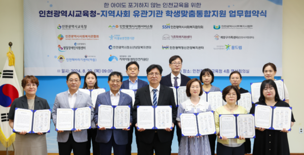 인천광역시교육청, 지역사회 전문기관과 학생 중심 맞춤형 통합지원 업무협약을 체결하고 있다, 사진 / 인천광역시교육청 제공