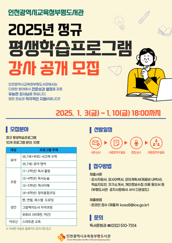 인천광역시교육청부평도서관이 2025년정규 평생학습프로그램 강사를 공개 모집한다, 포스터 사진 / 인천광역시교육청부평도서관 제공