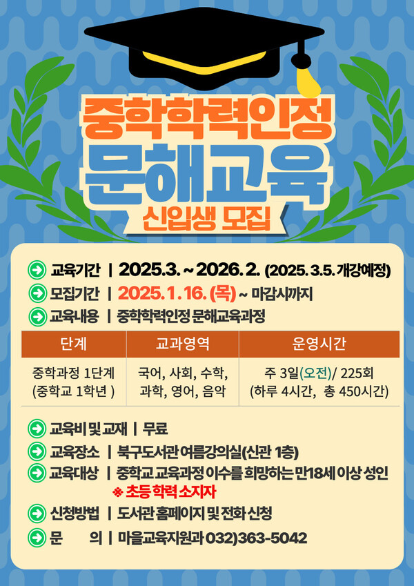 2025년 중학학력인정 문해교육 신입생을 모집하는 홍보 포스터 사진 / 인천광역시교육청북구도서관 제공