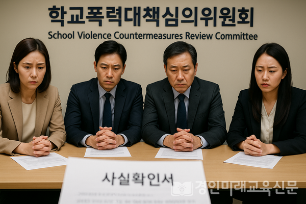 학교폭력심의위원회에서 핵심 증거인 사실확인서를 검토하는 위원들, 이미지 / DALL·E 생성