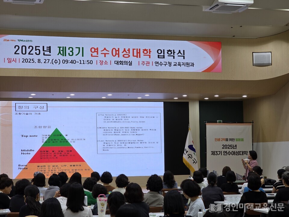 제3기 연수여성대학 입학식에서 특강을 하고 있는 글로벌교육공동체 김명숙 대표