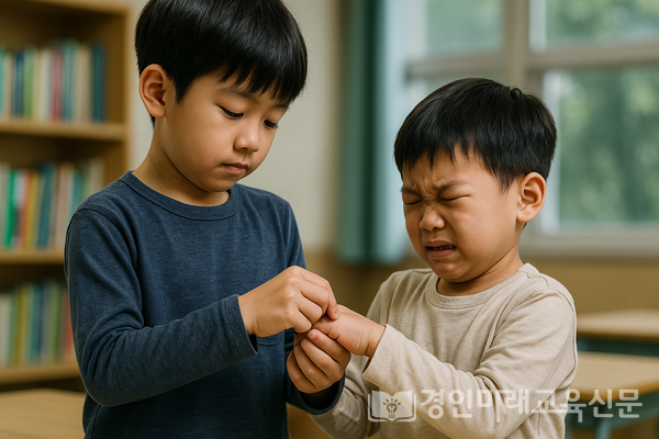 학교 교실에서 방과후 수업 중 한 초등학생이 다른 학생의 손등을 꼬집는 장면, 이미지 / DALL·E 생성