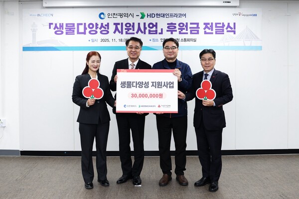 '생물다양성 지원사업' 후원금을 전달하는 자리를 가진 후, 기념 사진을 촬영 중이다, 사진 / 인천광역시청 제공