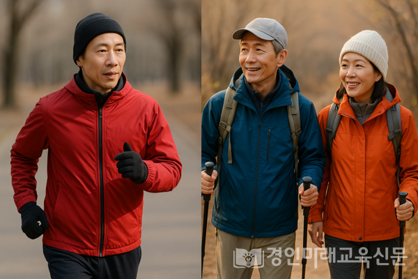 퇴직 이후 부부가 함께 실천하는 건강 루틴, 조깅과 트레킹 장면 / DALL·E 생성